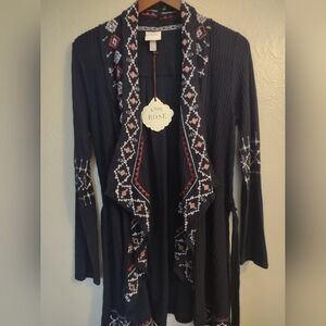 Knox Rose Navy Blue Embroidered Open Cardigan Ribbed Wrap Belted Duster
